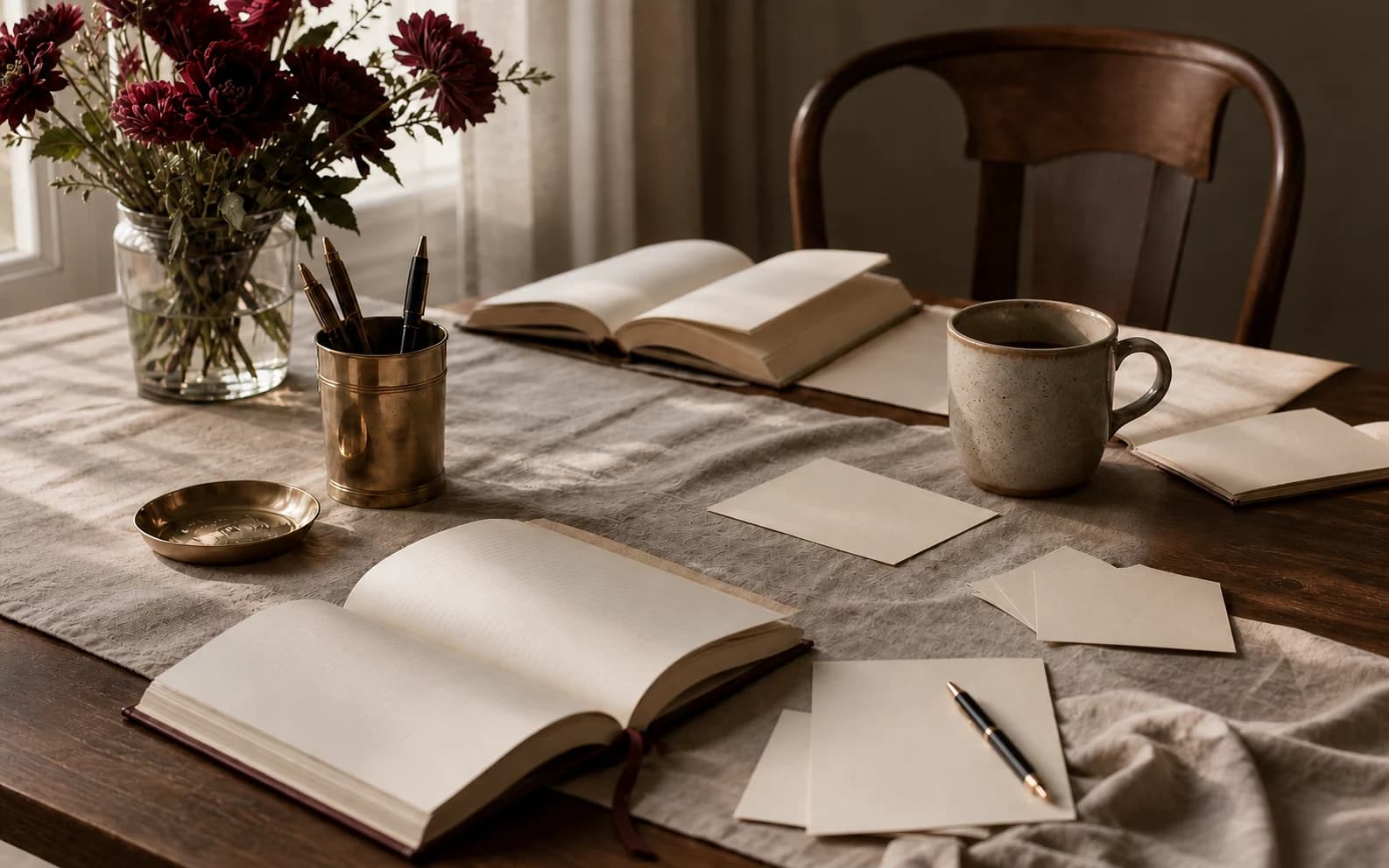 An elegant book-club table arranged with open books, flowers, and writing tools